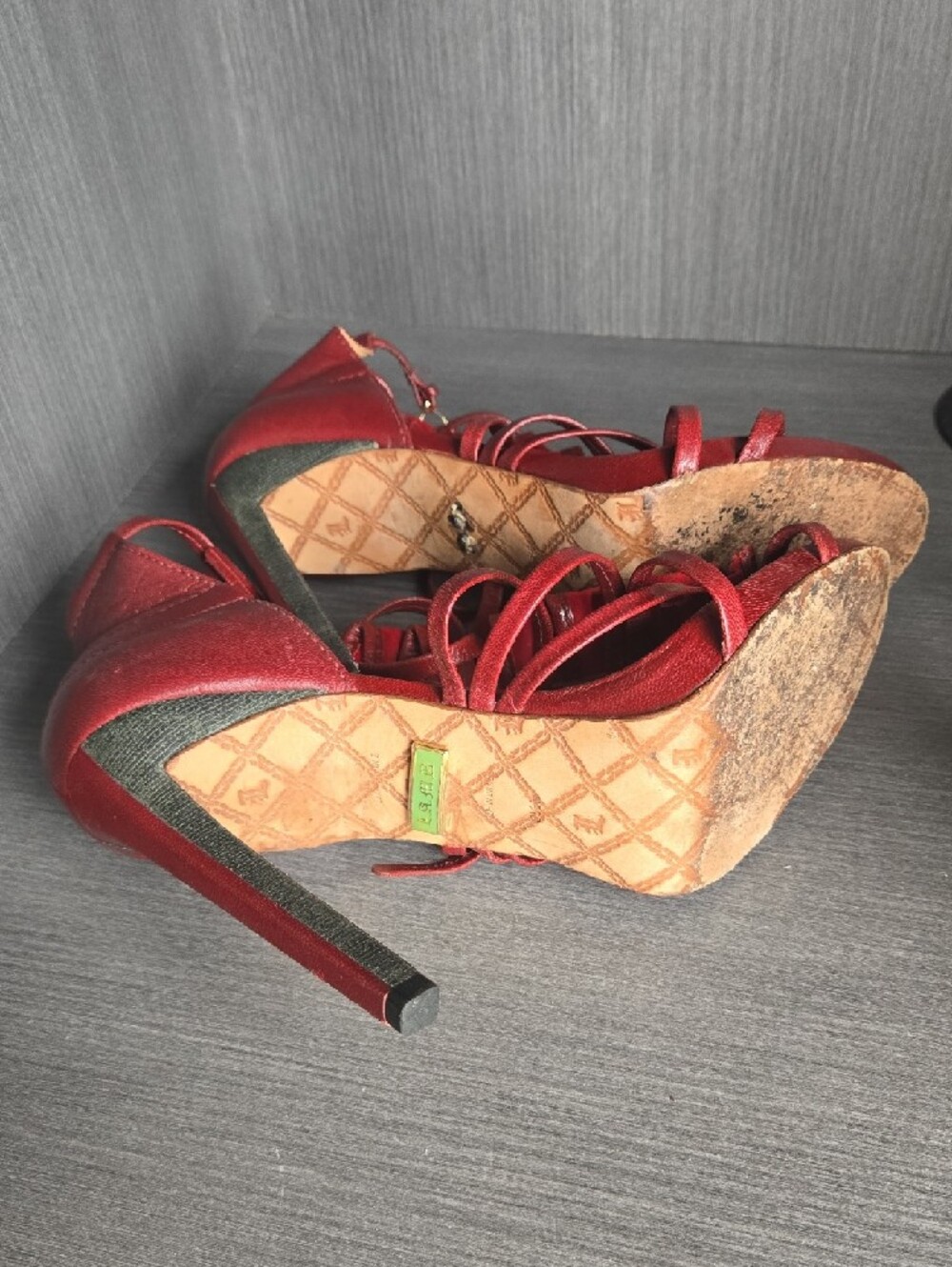 L.A.M.B. Red Suede Lace-Up Strappy Heels - Picture 5 of 5